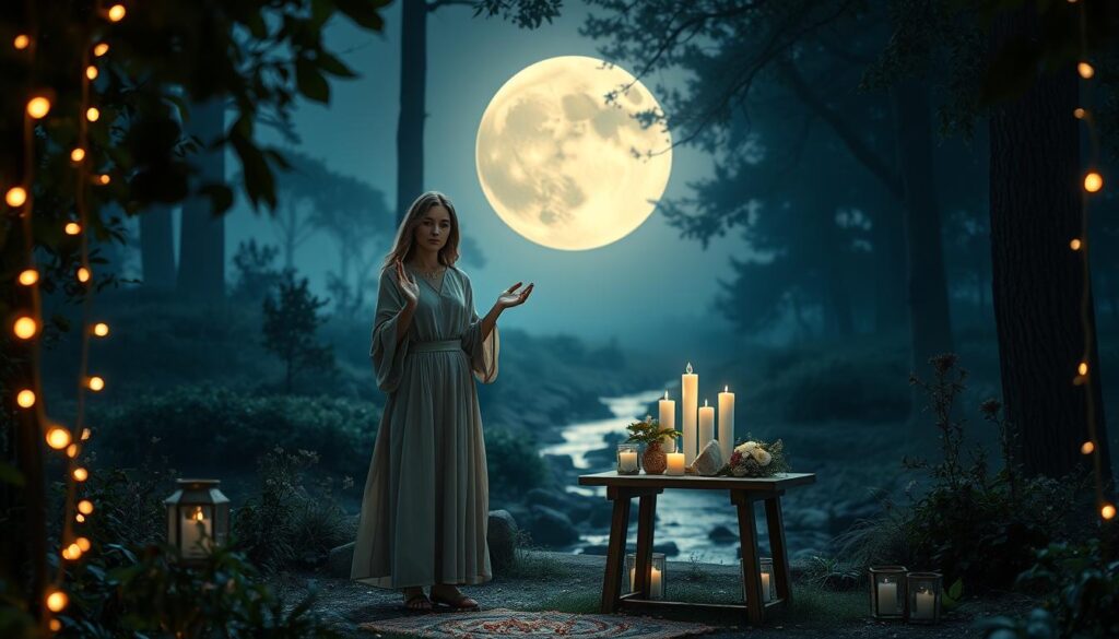 A serene full moon illuminates a tranquil outdoor setting for a ritual, surrounded by lush greenery and soft, twinkling fairy lights. In the foreground, a beautiful Caucasian woman dressed in flowing, modest attire stands with her hands gently raised, creating an aura of intention and peace. A small wooden table adorned with crystals, candles, and fresh flowers sits nearby. In the middle ground, a gentle stream reflects the moonlight, enhancing the calming atmosphere. The background features tall, dark trees framing the scene, softening the edges of the landscape. The lighting is soft and ethereal, with a silver-blue hue casting a magical ambiance, evoking a sense of connection and harmony. The overall mood is one of tranquility, love, and spiritual awakening.