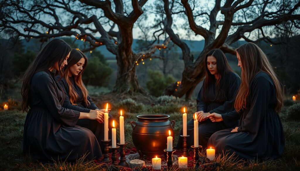 A serene gathering of a coven in a lush, enchanted forest clearing during twilight. In the foreground, four beautiful Caucasian women dressed in modest, flowing clothing of deep blues and earthy tones are engaged in a circle, holding hands and intently focused on the flickering candles and a small cauldron in the center. In the middle ground, ancient, gnarled trees form a natural backdrop, adorned with twinkling fairy lights that add a magical glow. The background features soft hills and a clear starry sky. The atmosphere is cozy and mystical, enhanced by warm, soft lighting from the candles illuminating the women's serene faces, reflecting a sense of community, spirituality, and celebration. The lens captures this intimate moment in a slightly close-up view, emphasizing connection and harmony.