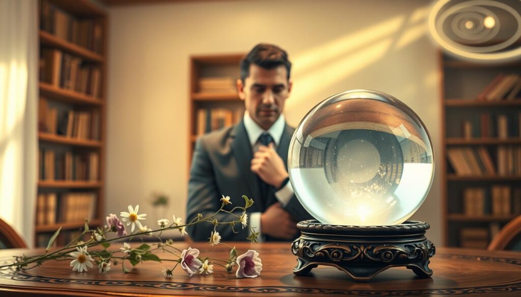A serene, harmonious scene depicting the concept of "intention." In the foreground, a beautifully crafted crystal ball sits on an ornate wooden table, reflecting soft, ethereal light. Surrounding the ball are delicate flowers and herbs, symbolizing love and positive energy. In the middle ground, a thoughtful Caucasian figure dressed in professional business attire gazes intently into the crystal ball, embodying focus and determination. The background features a softly lit, tranquil room with shelves of mystical books and gentle, swirling patterns of light that create a dreamy atmosphere. The lighting should be warm and inviting, casting gentle shadows, and the camera angle is slightly elevated to capture the depth of the scene, evoking a mood of contemplation and clarity in setting one's intention.
