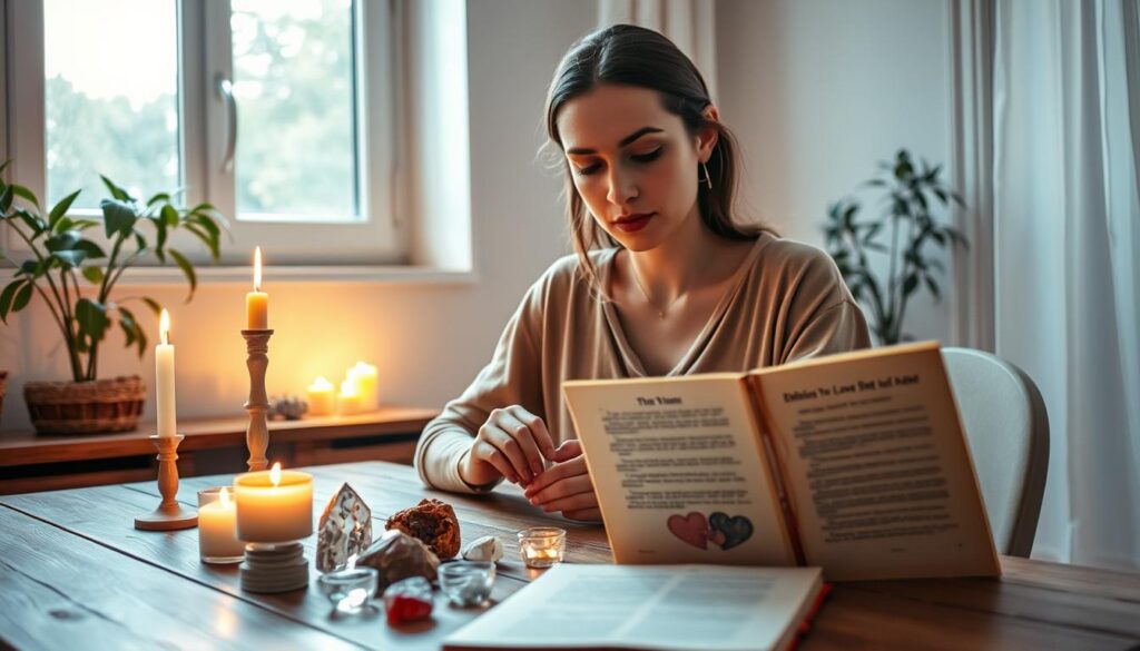 A serene indoor scene depicting a beautiful Caucasian woman in modest casual clothing, thoughtfully preparing ingredients for a love spell. She is seated at a wooden table adorned with crystals, candles, and a small open book on ethics in spellcasting. In the background, a soft glow from a window filters in, casting gentle light over the objects, highlighting symbols of love and respect, such as intertwined hearts and hands. A plant sits in one corner, adding vibrancy to the space. The atmosphere is calm and reflective, evoking a sense of responsibility and mindfulness in the practice of love spells, with an emphasis on consent and ethics. The angle is slightly elevated to capture both the subject’s intent focus and the surrounding details, creating a warm and inviting mood.