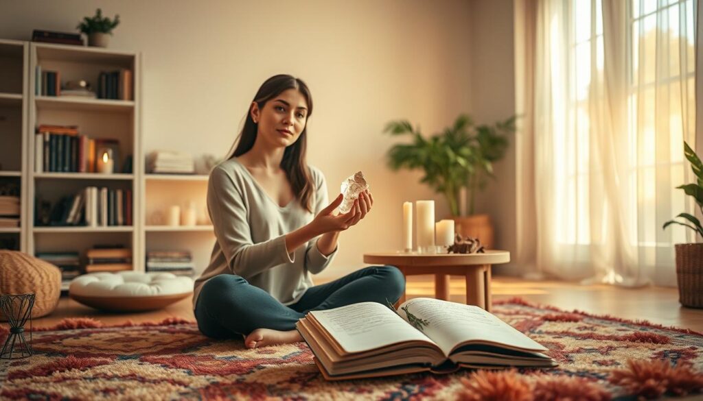 A serene indoor setting bathed in warm, soft lighting, creating an inviting atmosphere. In the foreground, a beautiful Caucasian woman sits cross-legged on a plush, colorful rug, her expression contemplative as she holds a crystal in her hands, symbolizing her intention. In the middle, a small wooden table is adorned with candles, herbs, and an open journal filled with handwritten notes. The background features shelves filled with mystical books and a large, gently glowing window that lets in natural light, casting delicate shadows. The overall mood is tranquil and introspective, inviting viewers to connect with the idea of clarity and focus on personal intentions. The scene is captured with a shallow depth of field, emphasizing the woman and her tools in crisp detail, while the background softly blurs, enhancing the sense of calm and purpose.