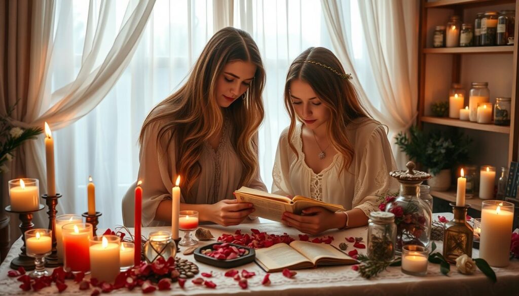 A serene indoor setting, centered around a beautifully arranged table adorned with colorful candles, crystals, and fresh flowers, symbolizing love and enchantment. In the foreground, a young Caucasian woman with long, flowing hair, dressed in a modest, flowing dress, carefully prepares a love spell. She is focused, surrounded by an array of spell ingredients like dried rose petals, herbs, and a small open book with handwritten notes. The middle ground features softly lit shelves filled with jars of potion ingredients and more candles, casting a warm glow. In the background, gentle curtains sway, allowing soft natural light to filter in, creating an inviting atmosphere. The overall mood is magical and nurturing, reflecting the beginner-friendly approach to love spells.