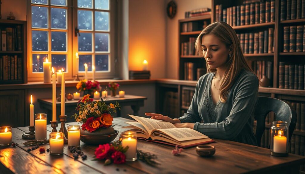 A serene indoor setting depicting responsible spellcasting for love. In the foreground, a well-dressed, thoughtful Caucasian woman in modest casual clothing sits at a wooden table scattered with candles, herbs, and crystal jars. She is focused on an open spellbook, surrounded by soft, warm candlelight casting flickering shadows. In the middle ground, colorful flowers and a small altar with symbols of love adorn the scene, reinforcing the theme of intention and respect in spellcasting. The background features softly lit bookshelves filled with ancient tomes and a window revealing a starry night sky, conveying a mood of peaceful enchantment and reflection. The image captures the essence of caution and mindfulness in magic, embodying a nurturing and positive atmosphere.