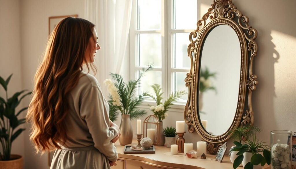 A serene indoor setting featuring a beautifully decorated mirror workspace dedicated to beginner-friendly mirror work practices. In the foreground, a woman with flowing brown hair, dressed in comfortable yet chic attire, stands confidently before an ornate vanity mirror. She is engaged in positive affirmations, smiling as she gazes into her reflection. The middle of the scene showcases decorative elements such as candles, crystals, and plants, all contributing to a calming ambiance. In the background, soft, natural light filters through a window, casting gentle shadows and creating a warm atmosphere. The mood is uplifting and inviting, portraying self-love and empowerment as essential practices before casting love spells.