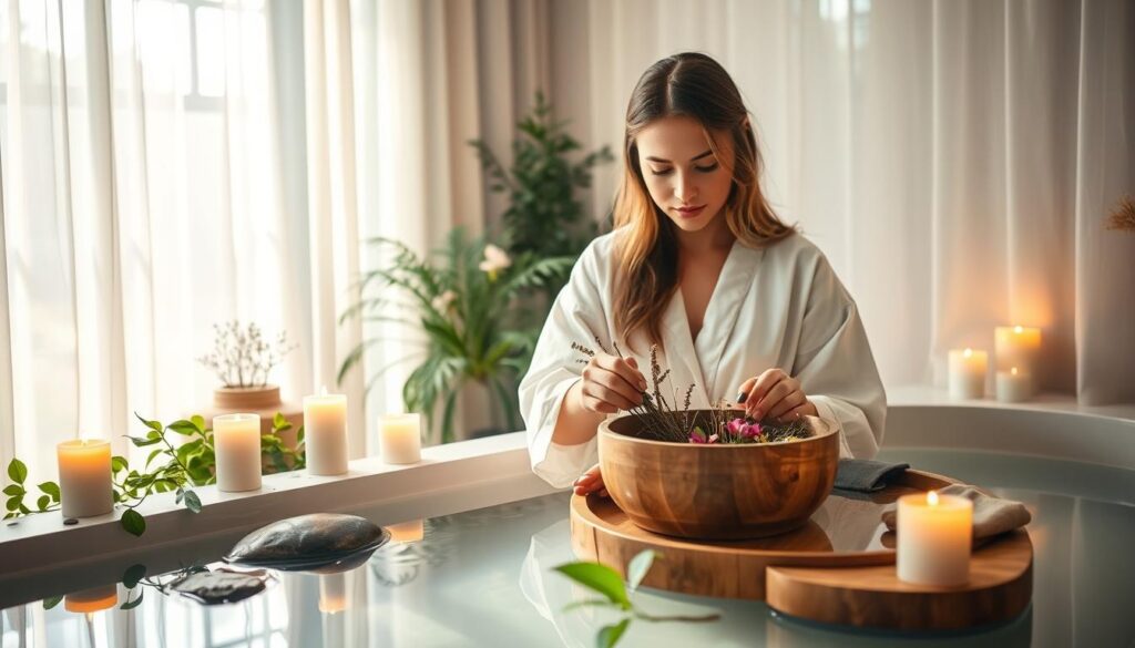 A serene indoor setting featuring a softly lit bathroom, infused with calming, pastel colors. In the foreground, a beautiful Caucasian woman, dressed in a modest, flowing white robe, gently places fragrant herbs and flowers into a wooden bowl filled with warm water. Delicate candles flicker softly on the edges of the tub, casting a warm glow that enhances the inviting atmosphere. In the middle ground, the tub, surrounded by lush greenery and tranquil stones, conveys a sense of peace and natural beauty. In the background, sheer curtains allow dappled sunlight to filter in, illuminating the space with a gentle, dreamy light. The overall mood is peaceful, inviting, and nurturing, perfect for a relaxing bath ritual designed for attraction.