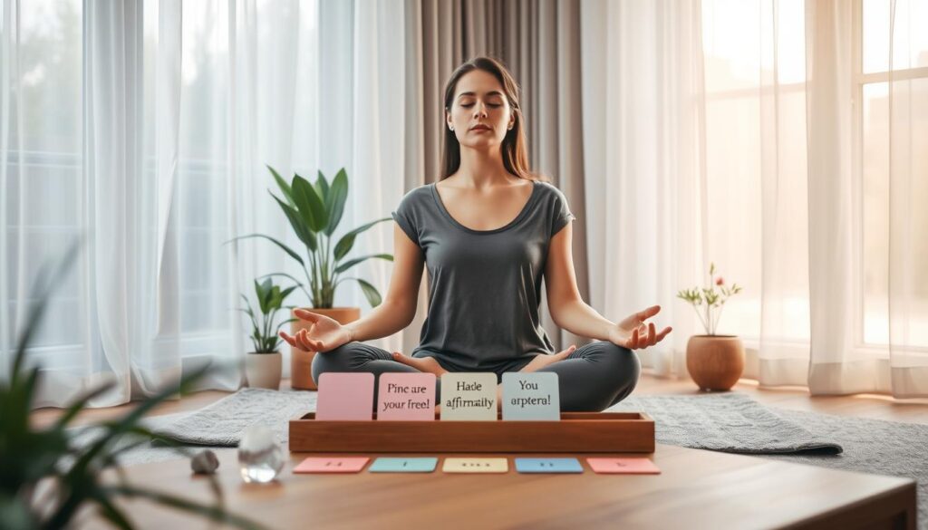 A serene indoor setting, featuring a tastefully arranged meditation corner with soft, warm natural lighting coming through a large window. In the foreground, a beautiful Caucasian woman sits cross-legged on a plush yoga mat, dressed in modest, comfortable clothing. She exudes a sense of calm and focus as she engages in deep breathing. Surrounding her are gentle green plants and calming crystals scattered artfully, enhancing the healing atmosphere. In the middle ground, a wooden coffee table holds colorful affirmation cards displaying positive messages, slightly blurred for depth. In the background, light, airy curtains flutter softly, creating a tranquil ambiance. This image conveys a peaceful sense of wellness and self-care, inviting viewers to embrace the power of healing affirmations.