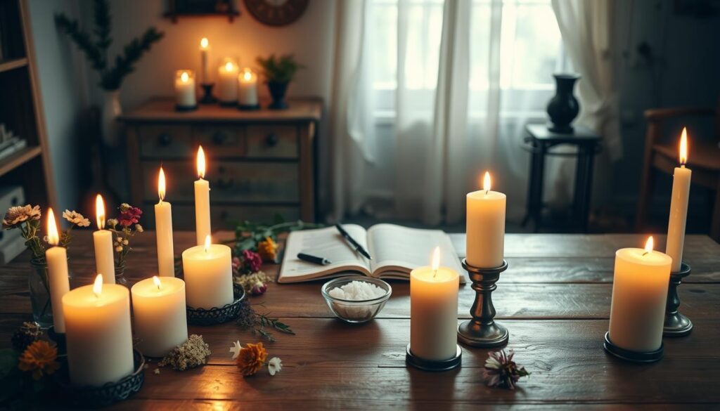 A serene indoor setting featuring a well-lit wooden table with a variety of candles safely arranged. In the foreground, emphasize several lit candles in simple decorative holders, casting a warm, inviting glow. Surround the candles with natural elements like fresh flowers and herbs. The middle ground should showcase a neatly organized workspace with a journal, a small bowl of salt, and other spell components arranged thoughtfully, exuding a calm and harmonious vibe. In the background, soft, diffused lighting highlights a cozy room ambiance with gentle shadows, suggesting safety and tranquility. The overall mood is peaceful and contemplative, encouraging a sense of safety in practicing home rituals. No human figures are present, ensuring a focus on the enchanting environment.