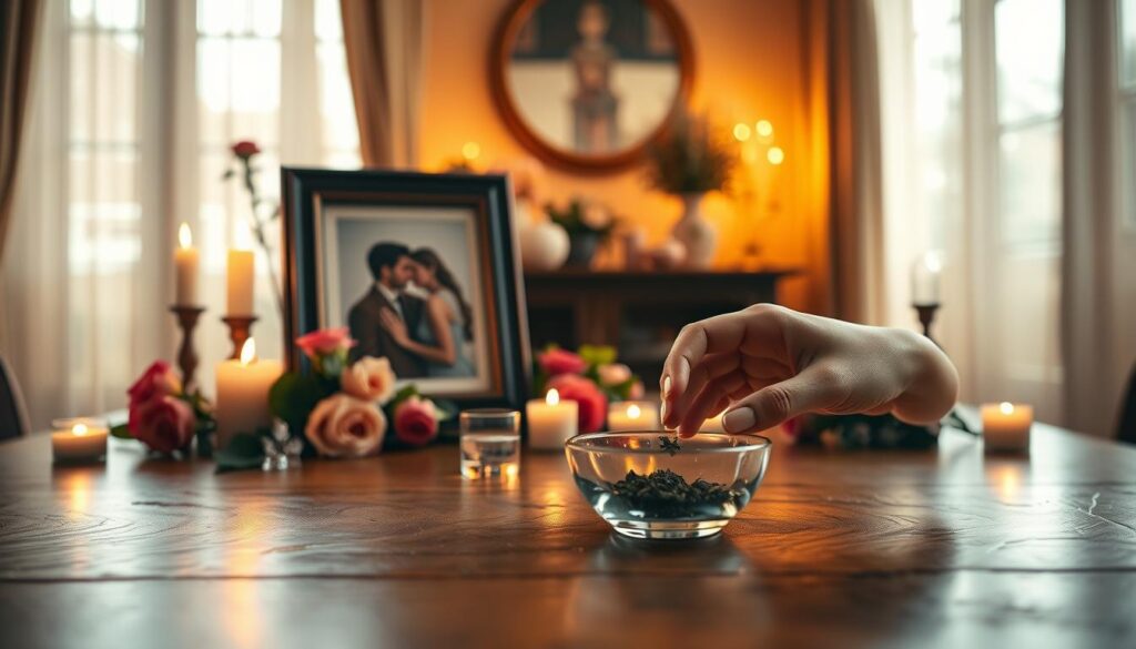 A serene indoor setting focused on a beautifully arranged altar for a love spell. In the foreground, a polished wooden table holds a framed photo of a couple, surrounded by flickering candles, fresh roses, and shimmering crystals reflecting soft light. The middle ground reveals a pair of gentle hands, delicately placing a fragrant herb into a small bowl. In the background, warm, ambient lighting bathes the room in a soft glow, highlighting the elegance of the surrounding decor, with sheer curtains that filter in natural light. The atmosphere is tranquil and intimate, evoking feelings of love and connection, captured with a shallow depth of field for an engaging focus on the spellwork. The composition should convey a sense of warmth and care, reflecting the practice of spellcasting with intention and heart.