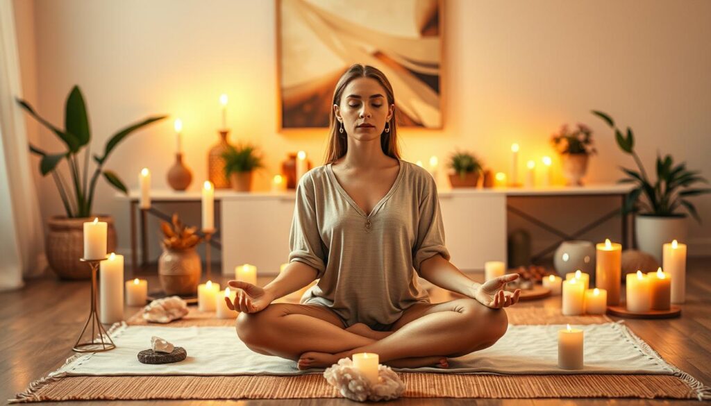A serene indoor setting for a meditation ritual, showcasing a beautifully designed altar with candles, crystals, and sacred symbols, casting a warm, inviting glow. In the foreground, a meditating figure, a beautiful Caucasian person in modest casual clothing, sits cross-legged on a soft mat, eyes closed in deep concentration, emanating a soft aura of energy around them. In the middle ground, various symbols of love and harmony, such as rose quartz and gentle flowers, enhance the theme. The background features soft, blurred natural elements like potted plants and softly illuminated wall art. Set the lighting to a warm, golden hue, creating a peaceful, tranquil atmosphere, captured from a slightly elevated angle to emphasize depth and serenity.