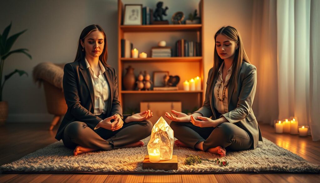 A serene indoor setting illuminated by soft, warm candlelight creates an intimate atmosphere. In the foreground, two beautiful Caucasian figures, dressed in professional business attire, sit cross-legged on a plush mat. They are engaged in a love energy practice, their hands joined in front of a small, glowing crystal that radiates a gentle light. The middle ground features a small altar decorated with symbols of love and connection, surrounded by delicate flowers and herbs, enhancing the mood of tranquility. In the background, a softly blurred shelf holds various spiritual objects and books, creating a sense of depth. The overall atmosphere is peaceful, conveying a sense of intentionality and focus in the practice of casting love spells, captured from a slightly elevated angle to encompass the environment.