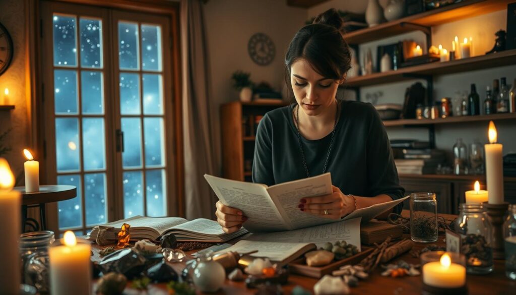 A serene indoor setting, illuminated by soft, warm candlelight, showcasing a beautifully arranged table cluttered with various mystical items. In the foreground, a focused Caucasian woman in modest casual clothing examines handwritten notes on love spells, her expression contemplative and a bit puzzled. Spread around her are crystals, herbs, and an open spell book, hinting at a troubled love spell. In the middle ground, a large window reveals a starry night sky, symbolizing hope and possibilities. The background features shelves filled with more magical supplies, casting gentle shadows across the room. The mood is a blend of curiosity and enchantment, inviting viewers into a world of mystical troubleshooting.