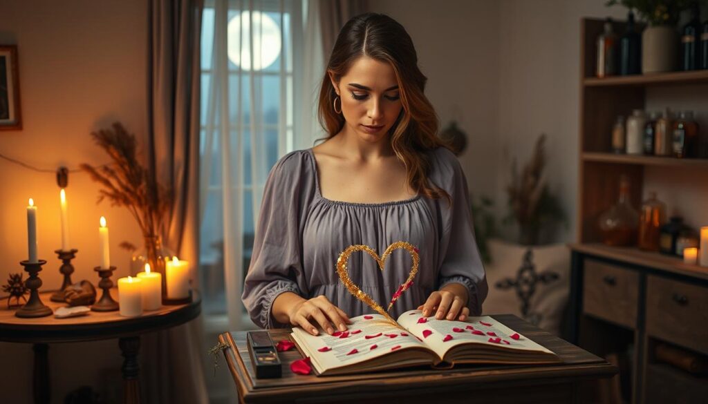 A serene indoor setting illuminated by soft, warm candlelight. In the foreground, a beautiful Caucasian woman in a flowing, modest lavender dress stands at a small wooden table adorned with crystals, dried herbs, and a spell book. She intently focuses on a delicate, swirling heart-shaped spell made from sparkling golden glitter and vibrant rose petals, her expressive eyes conveying deep concentration. The middle ground features an open window with sheer curtains, allowing moonlight to pour in, creating a mystical atmosphere. In the background, shelves filled with potion bottles and mystical artifacts hint at the magic of spellcasting. Overall, the image captures a blend of tranquility and focused intention, perfect for illustrating the essence of casting love spells.