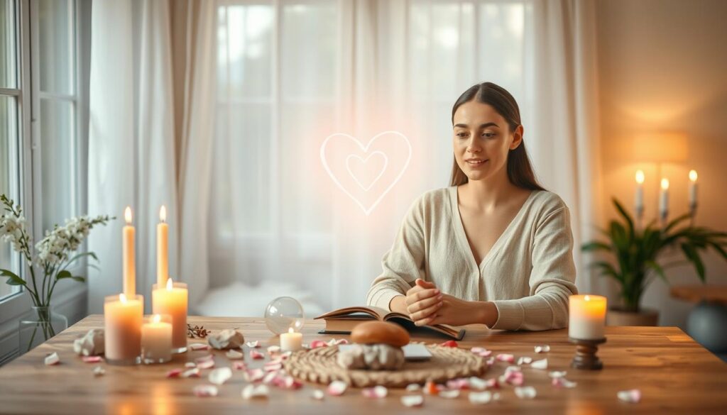 A serene indoor setting showcasing a beautiful, softly lit space where beginner love rituals are being performed. In the foreground, a Caucasian woman sits at a wooden table, dressed in modest, casual clothing, surrounded by gently glowing candles, symbolic crystals, and delicate flower petals. She exudes a peaceful and focused expression, engaging in the ritual. In the middle, a small altar adorned with meaningful items like a heart-shaped stone and a journal lies between her and a faintly glowing, floating heart illustration in the air, representing love energy. The background features a softly blurred window with gentle daylight streaming in, creating a warm, inviting atmosphere. The overall mood should evoke tranquility and inspiration, emphasizing a comforting environment conducive to self-discovery and newfound confidence.