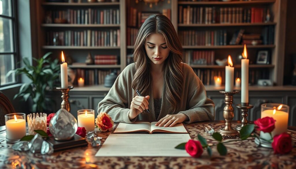 A serene indoor setting with a large, ornate table in the foreground, adorned with crystals, candles, and fresh flowers that symbolize love, such as roses. In the middle, a beautiful Caucasian woman, dressed in comfortable yet elegant attire, sits thoughtfully, pen in hand, as she writes her intentions for love on a piece of parchment. Soft, warm lighting emanates from the candles, creating a cozy and inviting atmosphere. In the background, gently blurred shelves filled with mystical books and herbs evoke a sense of magic and possibility. The overall mood is calm and contemplative, emphasizing clarity of thought and purpose before embarking on a love spell journey.