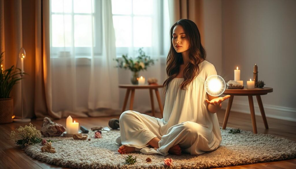 A serene indoor setting with soft, warm lighting creates a calming atmosphere. In the foreground, a beautiful Caucasian woman dressed in a modest, flowing white dress sits cross-legged on a plush rug. She holds a gentle, glowing orb of light in her hands, symbolizing energy cleansing. Surrounding her, various crystals emit a soft shimmer, while delicate flowers add a touch of nature. The middle ground features a small wooden table with burning candles and herbs, enhancing the ambiance of tranquility. The background showcases a window filtered with sheer curtains, allowing soft sunlight to stream in, casting gentle shadows. The image evokes a sense of peace and healing, perfect for illustrating a gentle approach to disrupting the influence of a love spell.