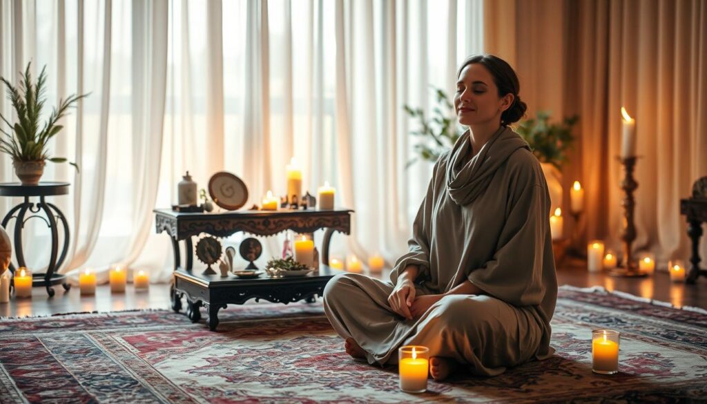 A serene indoor space bathed in soft, warm candlelight, creating an inviting atmosphere for energy preparation. In the foreground, a beautiful Caucasian woman, dressed in modest, flowing attire, sits cross-legged on a richly textured rug, surrounded by crystals, herbs, and candles, all carefully arranged on an ornate table. Her eyes are closed, reflecting deep concentration and peaceful intention. The middle ground features a softly glowing altar adorned with symbols of love and harmony, while the background reveals gentle, draping curtains that filter the light, casting delicate shadows. The scene evokes a mood of tranquility and focus, inviting viewers to feel the energy of the moment, with a gentle lens blur to enhance the dreamlike quality.