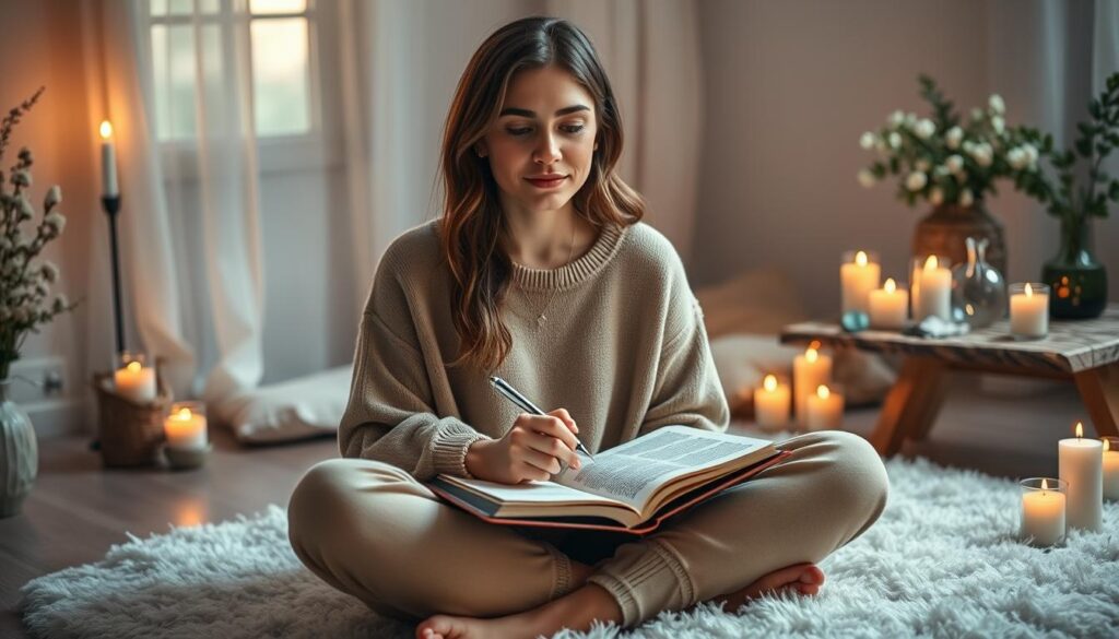 A serene indoor space dedicated to self-love rituals, featuring a young, beautiful Caucasian woman in cozy, modest clothing, sitting cross-legged on a soft, plush rug. She is surrounded by lit candles and delicate flowers, creating a warm ambiance. In the foreground, she holds a journal and pen, writing affirmations. The middle layer shows a softly glowing window letting in natural light, illuminating her peaceful expression. In the background, ingredients for a self-care potion are arranged neatly on a wooden table, including crystals and herbs. The mood is calm and introspective, evoking feelings of self-acceptance and empowerment. The lighting is soft and warm, capturing the essence of tranquility and reflection.
