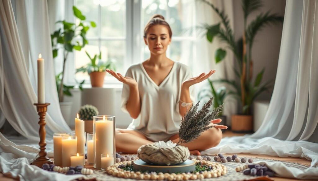 A serene indoor space designed for cleansing and protection, featuring an intricately decorated altar at the forefront with candles, crystals, and fresh herbs. Surrounding the altar are soft, flowing fabrics of white and lavender, symbolizing purity and peace. In the middle ground, a beautiful Caucasian woman dressed in modest, casual clothing sits in a meditative pose, radiating tranquility as she holds an open hand above a burning sage bundle, with wisps of smoke rising gently. The background is softly blurred, revealing a sunlit window with houseplants and gentle light filtering through, creating a warm, inviting atmosphere. Overall mood is peaceful, inviting, and grounded, emphasizing a sense of spiritual sanctuary and mental clarity.
