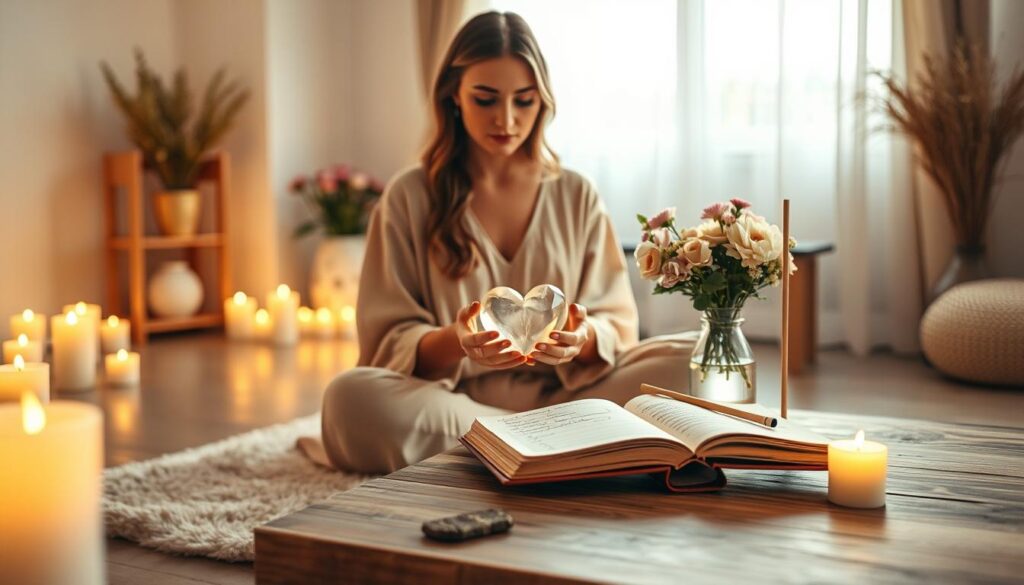 A serene indoor space filled with soft, warm candlelight. In the foreground, a beautiful Caucasian woman in a flowing, light-colored dress sits cross-legged on a plush rug, her hands gently cradling a small crystal heart, symbolizing love and compassion. The middle ground features a wooden table adorned with thoughtful items: a bouquet of fresh flowers, a lit incense stick, and an open notebook with handwritten intentions. The background reveals a softly blurred window with sheer curtains, allowing gentle natural light to filter in, enhancing the tranquil atmosphere. The scene conveys a sense of warmth and mindfulness, inviting viewers to reflect on the importance of setting loving intentions. The image captures an intimate moment of preparation, evoking feelings of peace and positivity.