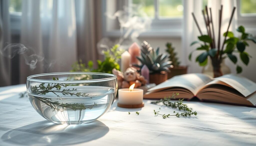 A serene indoor space illuminated by soft, natural light filtering through a window, casting gentle shadows. In the foreground, a crystal-clear glass bowl filled with water sits on a pristine white cloth, surrounded by delicate green herbs and a lit white candle, symbolizing purification. Midway, vibrant plants and crystals arranged harmoniously create a tranquil atmosphere, while an ethereal mist gently swirls around, enhancing the sense of cleansing energy. In the background, soft, blurred images of incense sticks and an open book of spells add depth without distraction. This peaceful scene evokes feelings of calm and positivity, ideal for enhancing spiritual practices in a safe and inviting environment. The overall mood is one of tranquility and renewal.