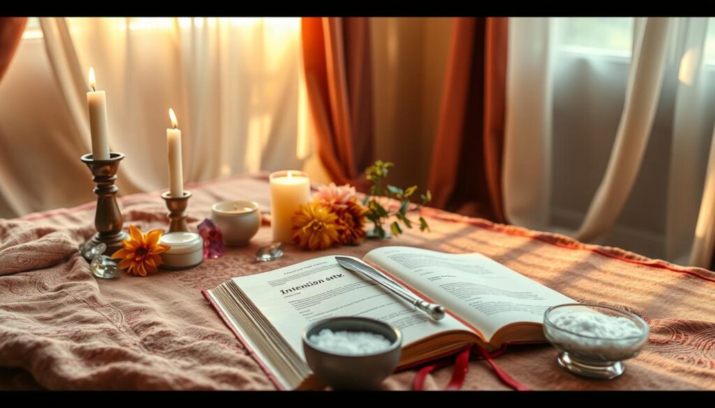 A serene intention altar set for a love spell preparation. The foreground features a beautifully arranged altar with candles, crystals, and fresh flowers, all harmoniously placed on a richly textured cloth. The middle ground showcases an open journal with a quill, symbolizing intention setting, alongside a small bowl of salt for purification. The background presents a softly lit room with draped fabric in calming colors, and ambient light filtering through a window, enhancing the tranquil atmosphere. The overall mood is inviting and sacred, with warm, golden lighting casting gentle shadows, emphasizing the spiritual nature of the space. The composition captures the essence of focus, calm, and safety as one prepares for love magic.