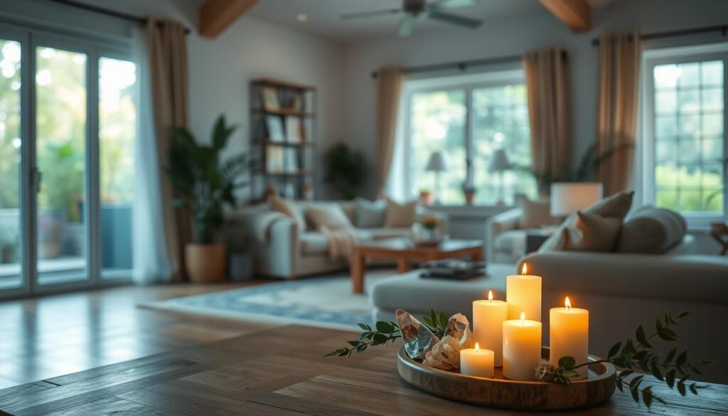 A serene interior space, featuring a cozy living room with natural elements. In the foreground, there’s a beautiful small altar adorned with candles, crystals, and plants, symbolizing protection. A soft glow emanates from the candles, casting warm, inviting light. The middle ground showcases a well-appointed living area with plush furniture and large windows that let in gentle sunlight, creating a peaceful atmosphere. In the background, a faint view of a tranquil garden can be seen, filled with greenery, enhancing the sense of safety and calm. The mood is serene and nurturing, employing soft, natural colors to evoke a feeling of warmth and security. The perspective is slightly angled, offering depth to the scene, inviting viewers to experience a safe, protected space.