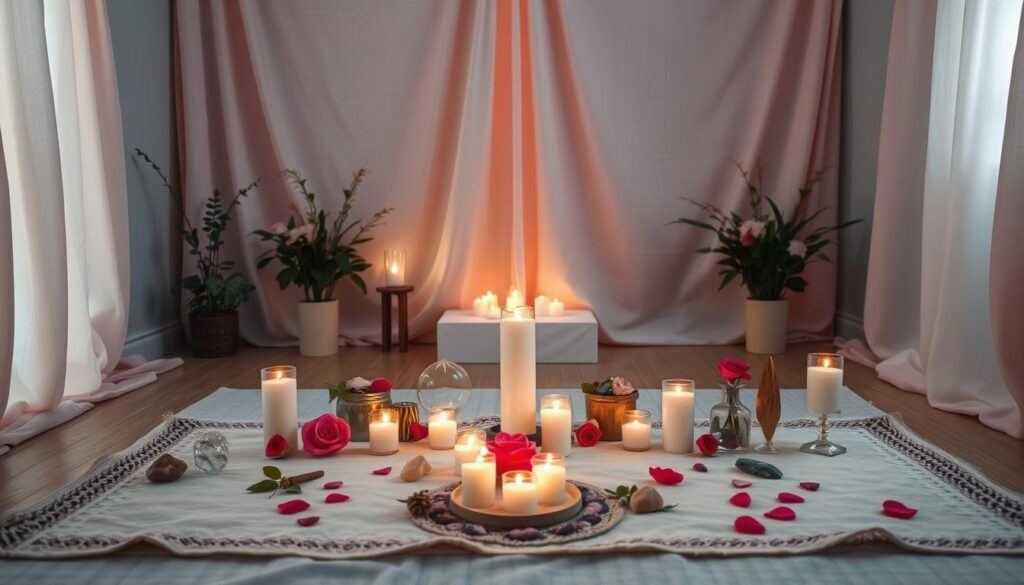 A serene interior space prepared for a love spell ritual, featuring a beautifully arranged altar in the foreground adorned with candles, crystals, and symbols of love such as roses and heart shapes. In the middle, a calm atmosphere with soft, warm lighting illuminating the space, enhancing a sense of tranquility and intention. The background showcases a softly draped fabric wall in pastel colors, creating an inviting and sacred environment. The scene is viewed from a slightly elevated angle, giving an overview of the arranged items. The mood is peaceful and energetic, combining elements of spirituality and romance, inviting viewers to feel inspired and centered for ritual work.