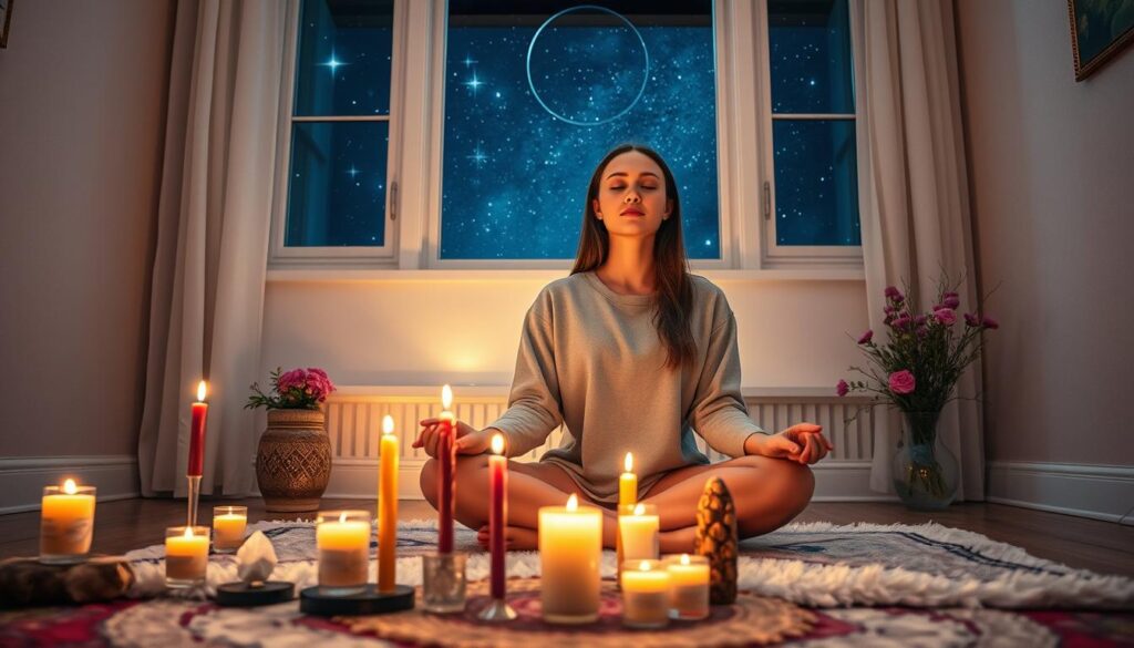 A serene, inviting room set up for meditation and spell-casting, featuring a beautifully decorated altar in the foreground with candles, crystals, and fresh flowers. In the middle, a tranquil figure, a beautiful Caucasian woman in comfortable, modest casual clothing, sits cross-legged on a plush rug, eyes closed in deep concentration. Soft, warm lighting emanates from the candles, casting gentle shadows that enhance the peaceful atmosphere. In the background, a window reveals a starry night sky, with twinkling stars adding to the magical mood. The angle captures both the woman and the altar, focusing on the ritualistic elements and the woman’s serene expression, evoking a sense of calm and intention for preparing the mind and space for a love spell.