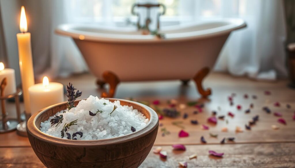 A serene, inviting scene depicting a calming salt and herbal bath. In the foreground, a wooden bowl filled with coarse sea salt and a mix of vibrant, dried herbs such as lavender and rosemary. Soft candlelight flickers gently nearby, casting warm shadows. In the middle, a vintage-style clawfoot tub filled with water, the surface glistening from the candlelight, surrounded by a few sprigs of fresh herbs and petals scattered gently. In the background, a softly blurred window reveals natural light filtering through sheer curtains, enhancing a tranquil atmosphere. The overall mood is peaceful and rejuvenating, with a focus on relaxation and cleansing. Use soft focus and warm, inviting colors for a soothing effect.