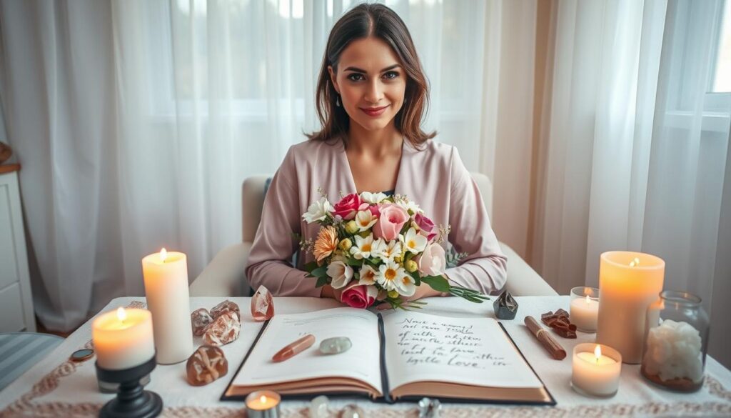 A serene, inviting space designed for a love ritual, featuring a small table adorned with candles, crystals, and symbolic artifacts related to love and attraction. In the foreground, softly glowing candles cast warm light on the setup. The middle layer includes a beautifully arranged bouquet of fresh flowers and an open journal with neatly handwritten notes for the ritual. The background shows a softly lit room with sheer curtains filtering gentle daylight, enhancing the tranquil atmosphere. A calming color palette of soft pinks, purples, and golds sets a romantic mood. The image captures a Caucasian woman in modest, professional attire, preparing for the ritual with a focused and positive expression. The scene is intimate and safe, emphasizing mindfulness in the practice.