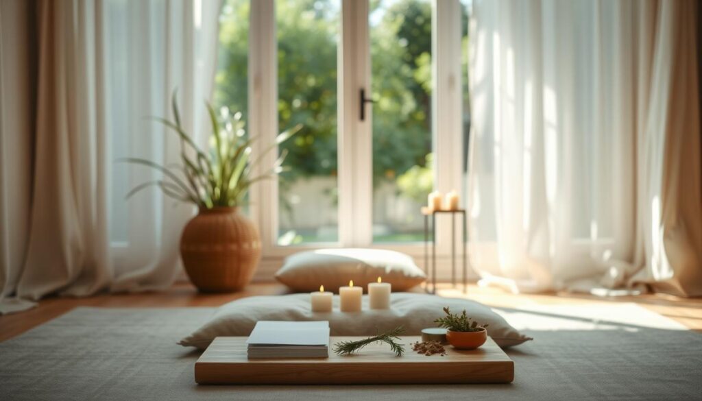 A serene, inviting space designed for mindfulness and intention-setting, featuring a beautifully arranged meditation area in the foreground. A soft, warm glow of natural light filters through sheer curtains, casting gentle shadows. In the middle, a cozy cushion and a wooden table hold a neatly placed stack of blank papers, candles, and herbs, enhancing the atmosphere of tranquility. In the background, a softly blurred view of lush greenery outside the window adds depth and connection to nature, creating a calming backdrop. The mood is peaceful and contemplative, inviting the viewer to reflect and prepare their mind for the task at hand. Capture this scene with a wide-angle lens to emphasize the openness of the space and the serene details within.