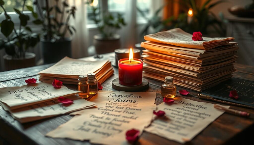 A serene, inviting workspace is arranged on a wooden table, featuring a rich red candle at the center, flickering softly in warm light. Surrounding the candle are neatly stacked sheets of parchment paper, some inscribed with names written in elegant calligraphy. Next to the papers, there are small glass vials containing oils and honey, along with delicate rose petals scattered around, adding a touch of color and romance. The background shows a softly blurred, dimly lit room filled with natural elements like plants, enhancing the mystical atmosphere. The scene captures a sense of calm and focus, ideal for a spell-casting ritual. The lighting is soft and warm, giving the image a cozy and inviting feel, suggesting an air of magic and intention.