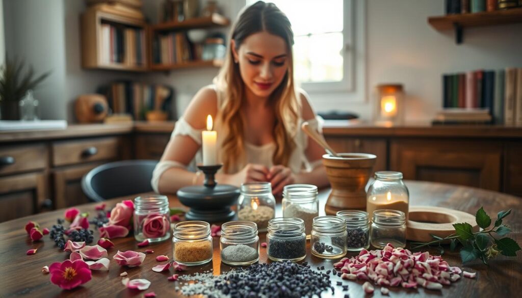 A serene kitchen setting where a young Caucasian woman is gathered around a wooden table, carefully arranging various magical ingredients for a love spell. In the foreground, vibrant herbs like rose petals and lavender are neatly placed alongside small glass jars filled with glittering powders and crystals. The middle ground features natural tools like a lit candle and a mortar and pestle, reflecting soft, warm lighting that creates a cozy atmosphere. The background includes shelves filled with books on herbalism and spell crafting. Natural sunlight filters in through a window, casting gentle shadows and enhancing the tranquil vibe, evoking a sense of enchantment and focus on the art of love spell preparation.