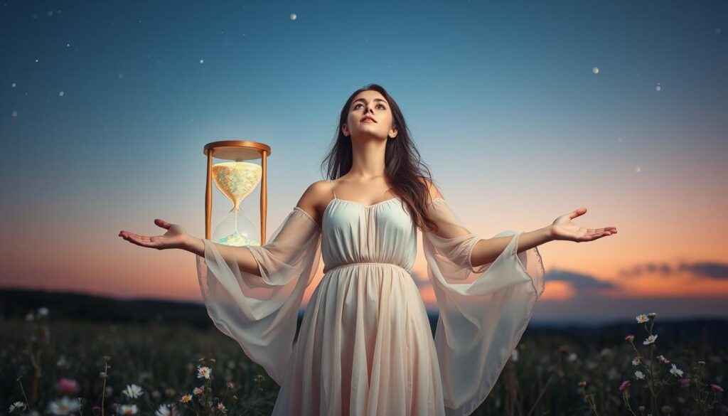 A serene landscape capturing the essence of timing, energy, and follow-through in an enchanting love spell. In the foreground, a beautiful Caucasian woman in a flowing, soft pastel dress stands with outstretched arms, embodying a sense of openness and intention. She gazes upward, her hair gently swaying in a light breeze. In the middle ground, a glowing hourglass filled with shimmering, colorful sand symbolizes the importance of timing, surrounded by delicate flowers representing energy and growth. The background features a softly illuminated twilight sky, scattered with stars, creating a magical atmosphere. The composition is framed with a gentle, warm light, highlighting the woman and hourglass, evoking a sense of calm and focused determination. Capture this moment from a slightly elevated angle, emphasizing the woman's connection with the universe and the energies at play around her.