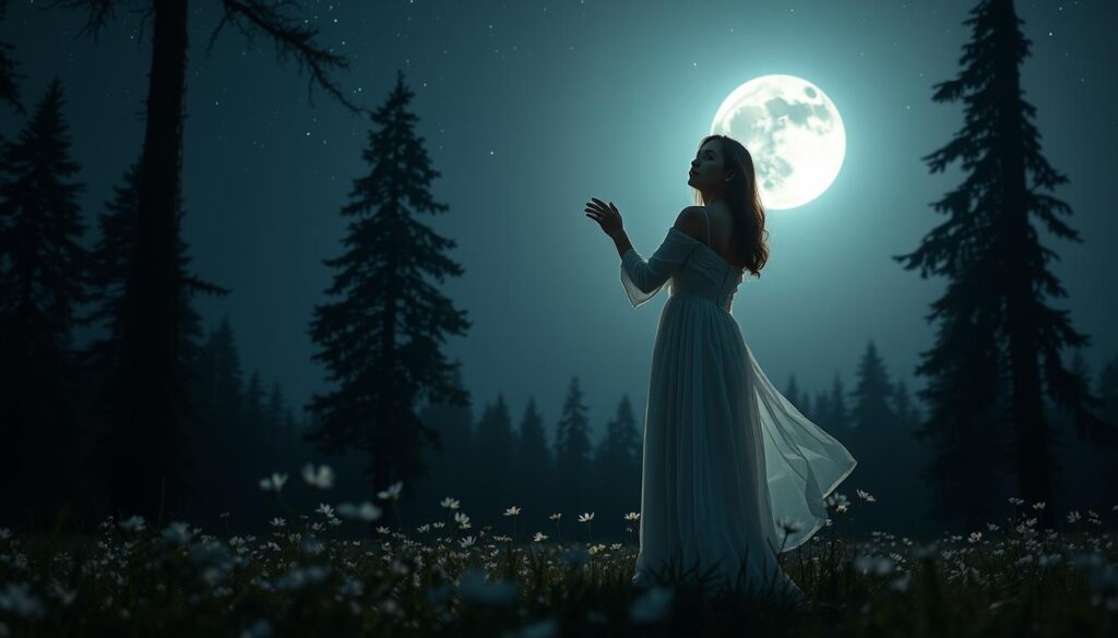 A serene landscape illuminated by the full moon’s soft, silvery light, casting enchanting shadows across a tranquil forest glade. In the foreground, a beautiful Caucasian woman dressed in a flowing, modest white gown stands with her arms gently raised toward the moon, her face serene and hopeful. The middle section features ethereal white flowers blooming around her feet, subtly glowing in the moonlight. In the background, tall, dark trees frame the scene, their silhouettes contrasting against the starry sky. The atmosphere is calm and mystical, evoking a sense of magic and possibility. Capture this moment with a slight soft focus, using a wide-angle lens to emphasize the vastness of the night sky, while the moon shines brightly, reflecting its light on the serene landscape.