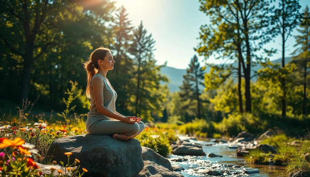 A serene landscape symbolizing "reset energy," featuring a tranquil forest clearing bathed in soft, golden sunlight. In the foreground, a beautiful Caucasian woman meditating on a smooth rock, dressed in modest casual clothing, surrounded by vibrant wildflowers and gently flowing water. The middle ground reveals lush green trees with dappled light filtering through the leaves, creating a peaceful ambiance. In the background, distant mountains rise under a clear blue sky, enhancing the sense of tranquility. Use a wide-angle lens to capture the expansive view, with soft bokeh effects to emphasize the serene atmosphere. The mood is calm and rejuvenating, inviting viewers to feel a sense of inner peace and renewal. Ensure no text or intrusive elements are present in the composition.