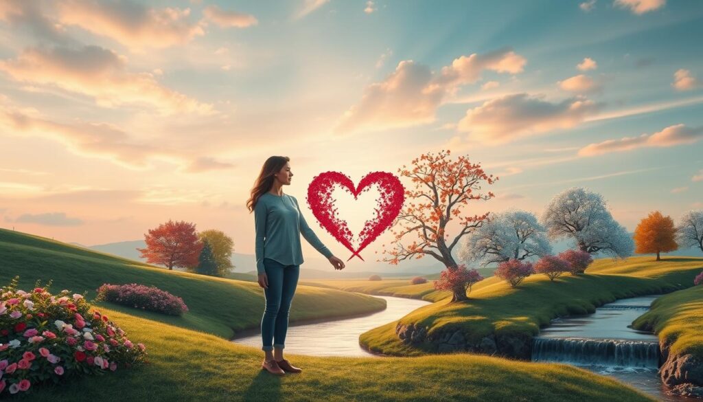 A serene landscape transitions through the four seasons—spring, summer, autumn, and winter—representing the journey of love. In the foreground, a beautiful Caucasian couple in modest casual clothing stands hand in hand, surrounded by blooming flowers in spring, lush greenery in summer, colorful leaves in autumn, and gentle snowfall in winter. The middle ground features symbolic elements of love: heart-shaped trees, blooming roses, and a flowing river reflecting the seasons. The background showcases a vast sky transitioning colors with the time of day, casting soft, warm lighting that creates an inviting atmosphere. The mood is tranquil and romantic, emphasizing the themes of passion, stability, and healing through the changing seasons.