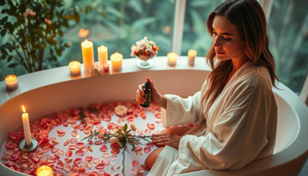 A serene love bath ritual scene, showcasing a beautifully arranged tub filled with rose petals and fragrant herbs, glowing softly with candlelight. In the foreground, a graceful Caucasian woman, dressed in a flowing white robe, kneels beside the tub, carefully adding essential oils to the water. Her expression is peaceful and focused, embodying self-love and intention. In the middle ground, delicate flowers and crystals surround the bathing area, creating a tranquil atmosphere. The background features soft, blurred greenery, enhancing the sense of a private oasis. The warm, golden light casts gentle shadows, enriching the intimate ambiance, inviting viewers to feel the soothing energy of the ritual. The overall mood is calming, romantic, and inviting.