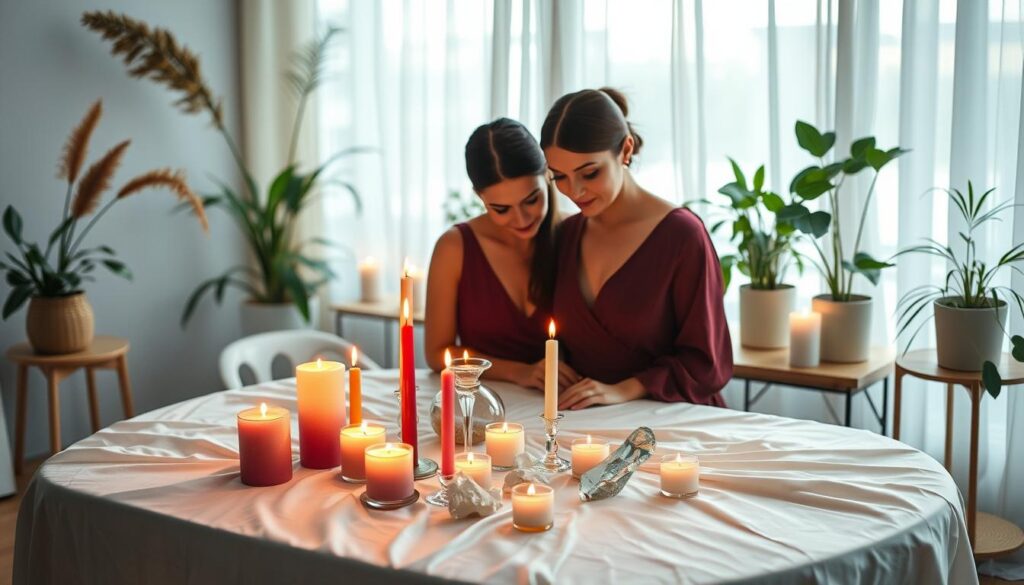 A serene love binding ritual scene, featuring a beautifully adorned table covered with soft, white silk. In the foreground, two elegant, modestly dressed Caucasian figures closely examine vibrant candles of varying sizes and colors, symbolizing their intentions. The middle ground showcases a warm, flickering glow from the candles, casting gentle reflections on crystal accents positioned around them. The background reveals a softly lit room filled with natural elements like potted plants and ethereal sheer curtains, enhancing the tranquil atmosphere. The composition is captured from a slightly elevated angle, providing a clear view of the ritual setup while maintaining a cozy, inviting mood, embodying a sense of love and spiritual connection.