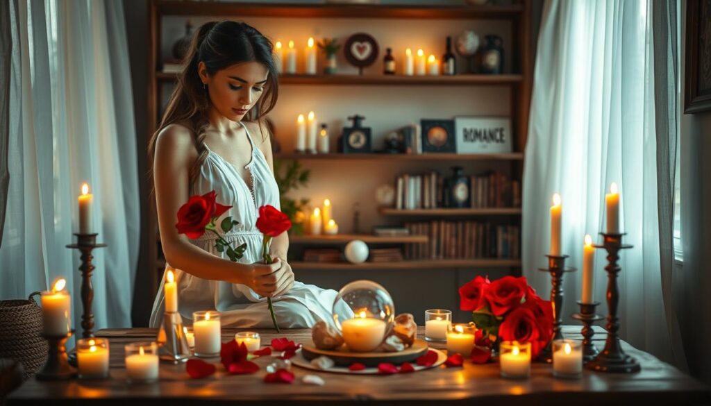 A serene love ritual scene takes place in a softly lit room, filled with flickering candles casting warm golden hues. In the foreground, a beautiful Caucasian woman in a flowing white dress gracefully arranges vibrant red roses and crystals on a wooden table, her expression focused and serene. In the middle ground, a small altar adorned with mystical symbols and a gently glowing orb radiates a sense of enchantment. The background features softly draping curtains and shelves filled with potion bottles and books on romance magic, adding depth and intrigue to the scene. The composition is shot from a slightly elevated angle, creating an ethereal, inviting atmosphere that captures the essence of a romantic love spell ritual.