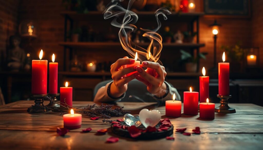 A serene love spell candle ritual set on a wooden table, featuring several glowing red and pink candles arranged in a circular pattern. In the foreground, a beautifully decorated altar with sprigs of dried lavender, rose petals, and a small crystal heart. In the middle ground, a pair of elegantly dressed Caucasian hands gently holding a lit candle, surrounded by swirling wisps of soft smoke. The background softly fades into a warm, dimly lit room, with shelves filled with mystical artifacts and plants, creating an enchanting atmosphere. The lighting is warm and inviting, with a soft focus lens effect that enhances the intimate and magical feel of the scene. The overall mood is romantic and mystical, perfect for capturing the essence of a love spell ritual.