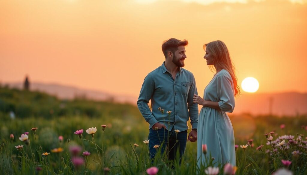 A serene magical scene depicting "reconciliation magic" centered around two beautiful Caucasian figures, a man and a woman, engaging in a heartfelt conversation. In the foreground, they stand on a lush green meadow, surrounded by softly glowing orbs of light that symbolize love and forgiveness. The middle ground features delicate flowers blooming in vibrant colors, representing renewal and growth. In the background, a softly lit sunset bathes the landscape in warm golden hues, casting long shadows and creating an ethereal atmosphere. The lighting should evoke a sense of tranquility and hope, with a focus on the emotional connection between the figures, who are dressed in modest casual clothing. The angle is slightly elevated, capturing the harmony of the scene in a dreamlike perspective.