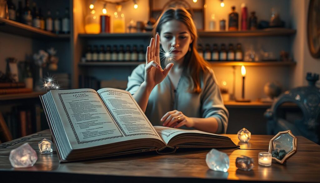 A serene magical workspace filled with beginner spells. In the foreground, an elegantly designed wooden table holds an open grimoire filled with intricate illustrations of basic spells like sparks and levitation. Surrounding the book, glowing crystals emit soft light, enhancing the enchanting atmosphere. In the middle ground, a young Mage, a beautiful Caucasian woman in simple yet stylish casual attire, practices a spell, her hand raised as wisps of colorful light swirl around her fingertips. Behind her, a cozy room filled with shelves stacked with potion bottles and mystical artifacts, with soft, warm lighting illuminating the scene. The overall mood is inviting and inspirational, inviting viewers to embrace the world of magic for beginners. A gentle, ethereal glow suffuses the space, creating a sense of wonder and discovery.