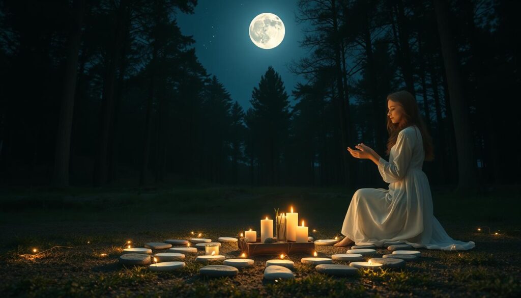 A serene moonlit clearing in an ancient forest, illuminated by a bright full moon. In the foreground, a beautiful Caucasian woman dressed in a flowing, modest white dress, kneels beside a small altar adorned with candles, crystals, and herbs, engaged in a gentle ritual. The middle ground features a circle of smooth stones arranged carefully, surrounded by soft, glowing fairy lights. The background reveals dark, towering trees under a starry sky, creating a sense of deep tranquility and connection with nature. The lighting is soft and ethereal, casting gentle shadows that evoke a peaceful and mystical atmosphere. The composition captures the magic of moon rituals, emphasizing harmony and intention in love spells, inviting viewers into a world of spiritual practice.