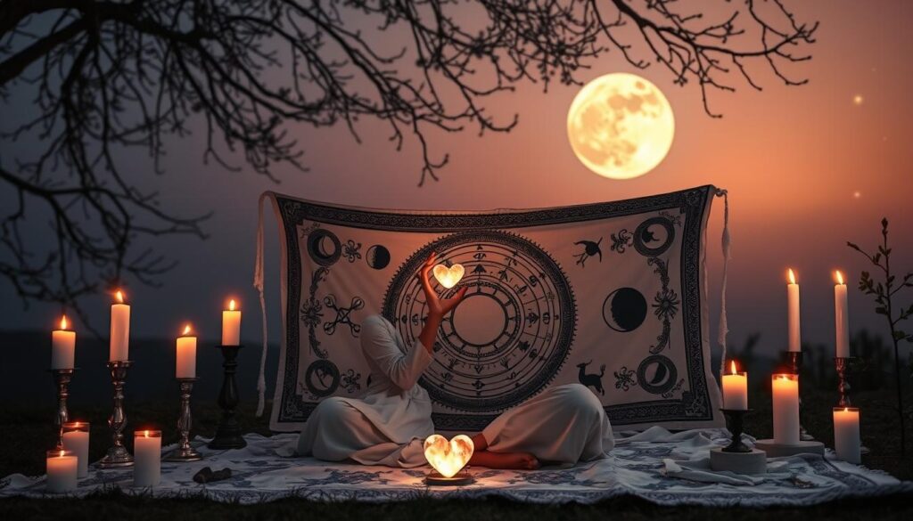 A serene moonlit setting at dusk, featuring a beautifully set altar adorned with candles and crystals for love rituals. In the foreground, a graceful Caucasian woman dressed in a flowing white gown sits cross-legged, focused and meditative, with her hands gently holding a small, glowing heart-shaped crystal. In the middle, an intricate tapestry displaying astrological symbols and planetary alignments, including Venus, is draped beside her. Soft, ethereal light filters through the branches of nearby trees, casting delicate shadows that enhance the magical atmosphere. The background reveals a tranquil night sky with a full moon, surrounded by twinkling stars. The mood is mystical and inviting, perfect for love rituals, emphasizing the importance of timing under the celestial influence. The image captures a sense of peace and intention.