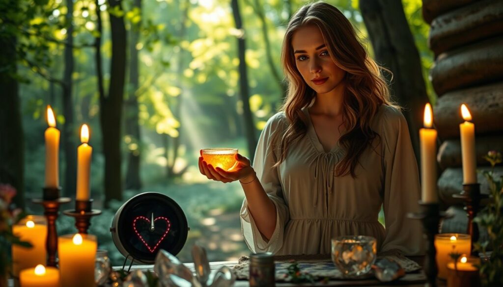A serene, mystical scene depicting a beautiful Caucasian woman in a modest, elegant dress, standing at a rustic altar surrounded by flickering candles and vibrant crystals. In the foreground, the woman gently holds a small, shimmering chalice filled with a glowing liquid, symbolizing the reversal of love spells. Behind her, an enchanting forest with soft, dappled sunlight filtering through the leaves creates an ethereal atmosphere. The middle ground showcases delicate herbs and flowers, representing natural healing. The colors are warm and inviting, with deep greens and soft golds, evoking a sense of hope and liberation. The camera angle is slightly low, emphasizing the woman’s poised demeanor as she focuses on the altar, conveying a mood of empowerment and tranquility.
