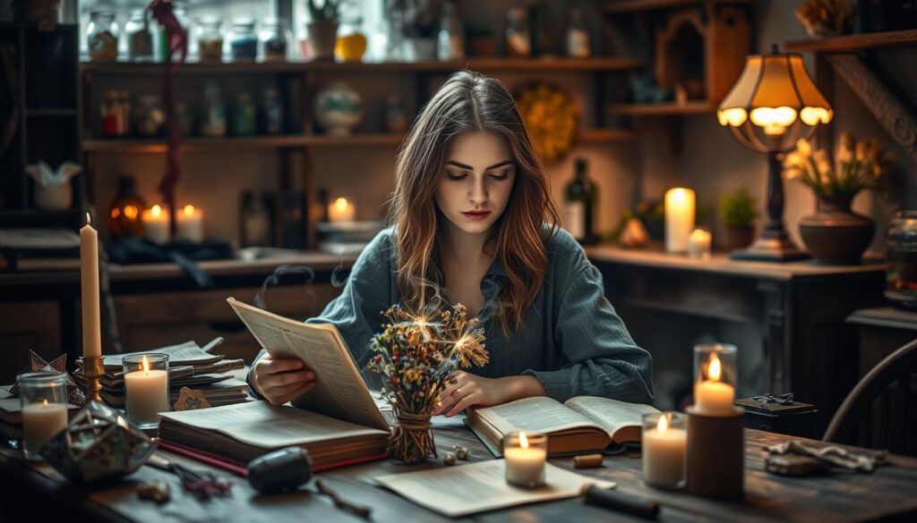 A serene, mystical scene depicting a beautiful Caucasian woman sitting at a cluttered wooden table in a softly lit room, surrounded by various magical tools like candles, crystals, and herbs. The foreground features the woman, dressed in modest casual clothing, thoughtfully consulting a faded spellbook, her brow furrowed in concentration. In the middle, a shimmering aura of magical energy surrounds a small bouquet of dried flowers, with wisps of smoke curling up from nearby candles, hinting at the enchantments being attempted. The background features a soft-focus view of shelves lined with colorful spell jars and potted plants, bathed in warm, inviting light from an antique lamp. The atmosphere is one of quiet contemplation, reflecting the theme of troubleshooting love spells while inviting curiosity and wonder.