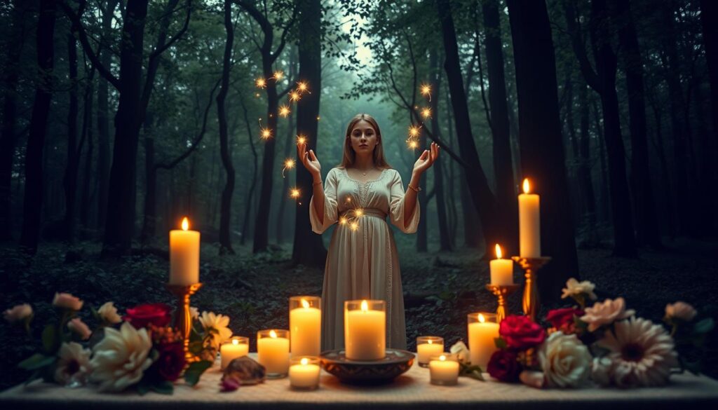 A serene mystical scene depicting attraction spells, with a focus on an enchanting, beautifully designed altar in the foreground featuring glowing candles, crystals, and fresh flowers, symbolizing love and happiness. In the middle ground, a graceful Caucasian woman in modest, flowing attire performs a ritual, her hands raised as shimmering orbs of light swirl around her, representing positive intentions. The background features a lush forest illuminated with soft, ethereal light filtering through the trees, creating a serene and magical atmosphere. The overall mood is tranquil yet powerful, inviting viewers to feel the energy of attraction magic. Utilize soft, warm lighting to enhance the enchanting feel, shot from a slight low angle to emphasize the ritual's significance.