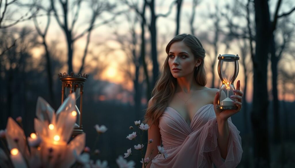 A serene, mystical scene depicting the concept of a love spell's duration, set in a softly lit, enchanting forest. In the foreground, a beautiful Caucasian woman dressed in an elegant, flowing gown is gently holding an ornate hourglass, symbolizing the passage of time. Her expression is contemplative, capturing the essence of longing and wonder. In the middle ground, luminous crystals and delicate flowers surround her, reflecting a warm glow from ethereal light filtering through the trees. The background features a dreamy, twilight sky with hints of lavender and soft pink, creating a magical ambiance. The overall mood should evoke a sense of intrigue and romance, inviting viewers to ponder the enchanting theme of love and time. The image should be captured with a slight depth of field, blurring the distant trees to enhance focus on the woman and the hourglass. A serene, mystical scene depicting the concept of a love spell's duration, set in a softly lit, enchanting forest. In the foreground, a beautiful Caucasian woman dressed in an elegant, flowing gown is gently holding an ornate hourglass, symbolizing the passage of time. Her expression is contemplative, capturing the essence of longing and wonder. In the middle ground, luminous crystals and delicate flowers surround her, reflecting a warm glow from ethereal light filtering through the trees. The background features a dreamy, twilight sky with hints of lavender and soft pink, creating a magical ambiance. The overall mood should evoke a sense of intrigue and romance, inviting viewers to ponder the enchanting theme of love and time. The image should be captured with a slight depth of field, blurring the distant trees to enhance focus on the woman and the hourglass.