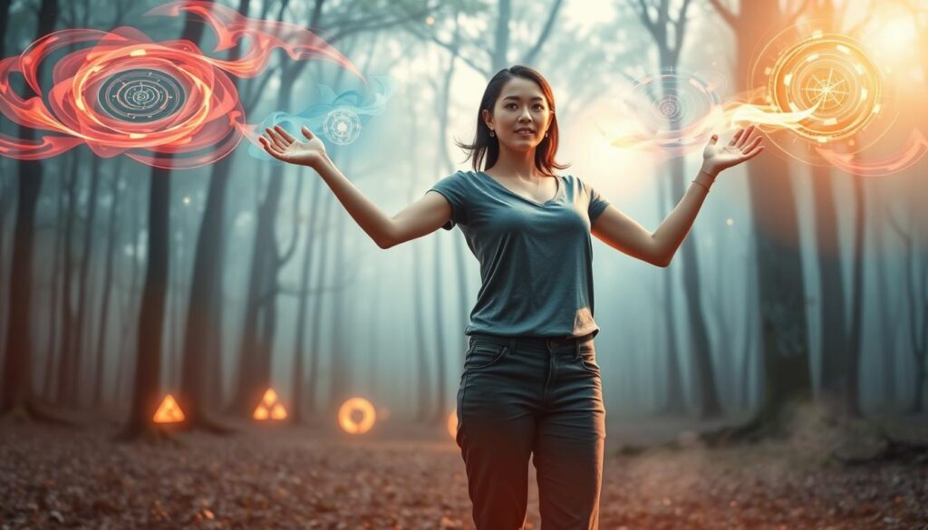 A serene, mystical scene depicting the concept of binding and unbinding energy. In the foreground, a beautiful Caucasian figure dressed in modest casual attire stands with arms raised, surrounded by swirling energy orbs of vibrant colors—the warm glow of reds and oranges representing binding, while cool blues and greens symbolize unbinding. In the middle ground, faint silhouettes of ancient symbols can be seen, subtly illuminated, hinting at the energetic channels being reopened. The background features a softly lit forest with ethereal light filtering through the trees, casting a peaceful and enchanting atmosphere. The image captures a sense of calm yet powerful transformation, with gentle gradients of light adding depth. The overall mood is mystical and insightful, inviting viewers to explore the subject of energy dynamics.